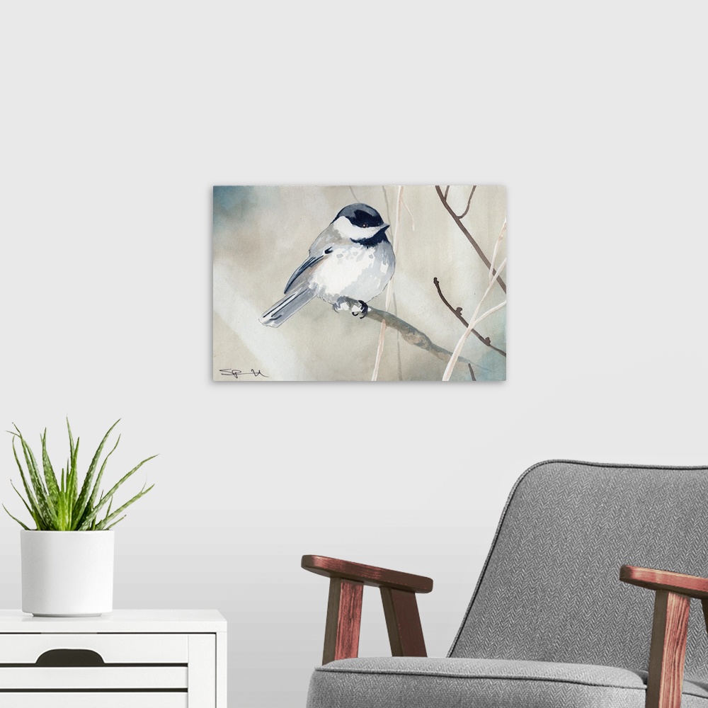 A modern room featuring A small chickadee perched on a branch.
