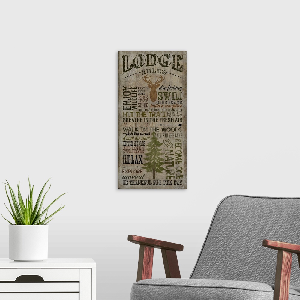A modern room featuring Typography art of cabin rules with a weathered wood effect.