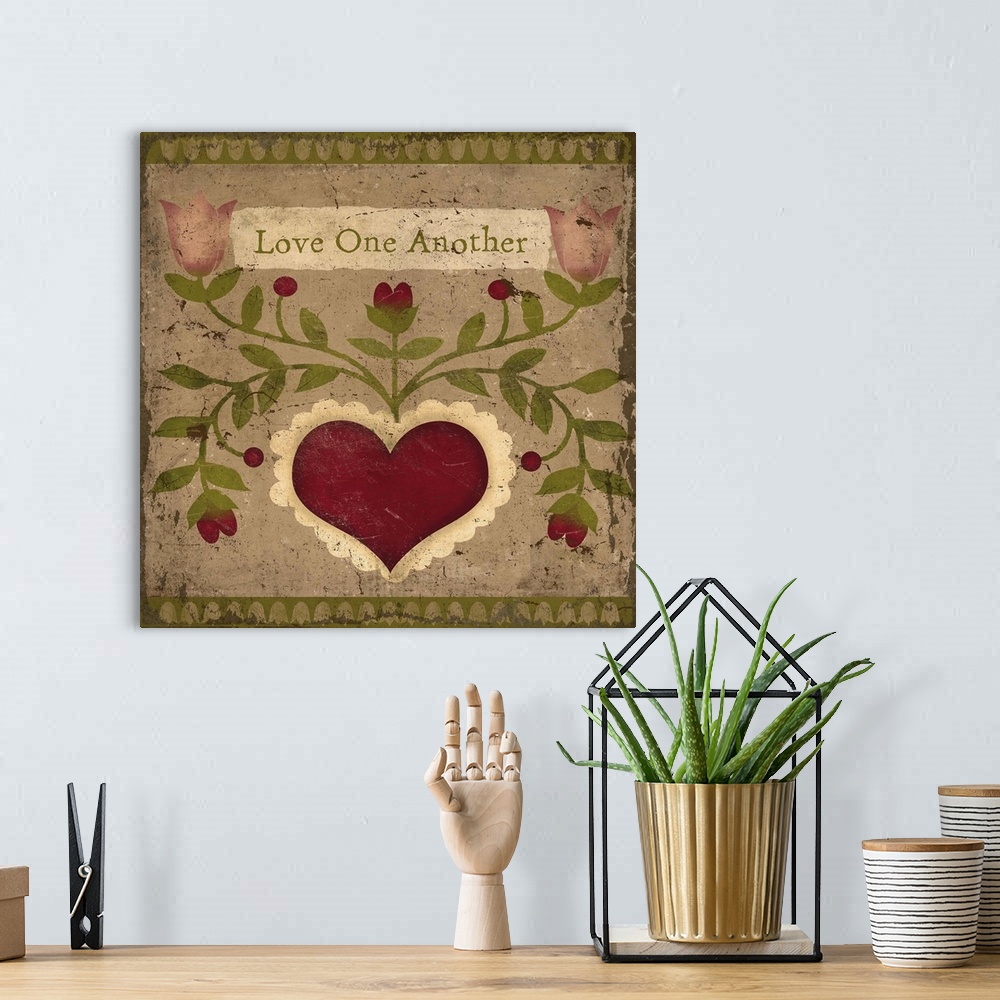 A bohemian room featuring Folk design of a heart and flowers on long stems.