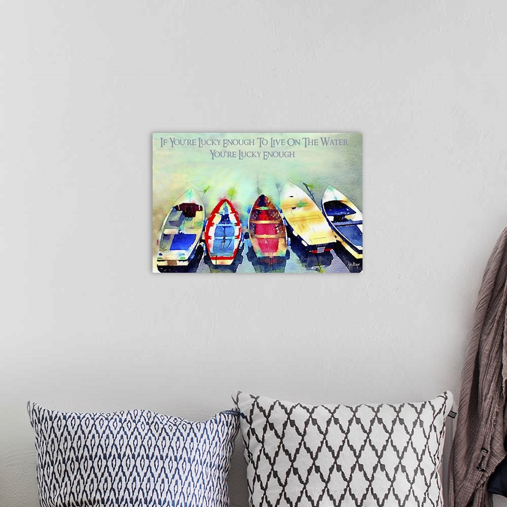 A bohemian room featuring Row of colorful boats on the water with a sentiment of gratitude.