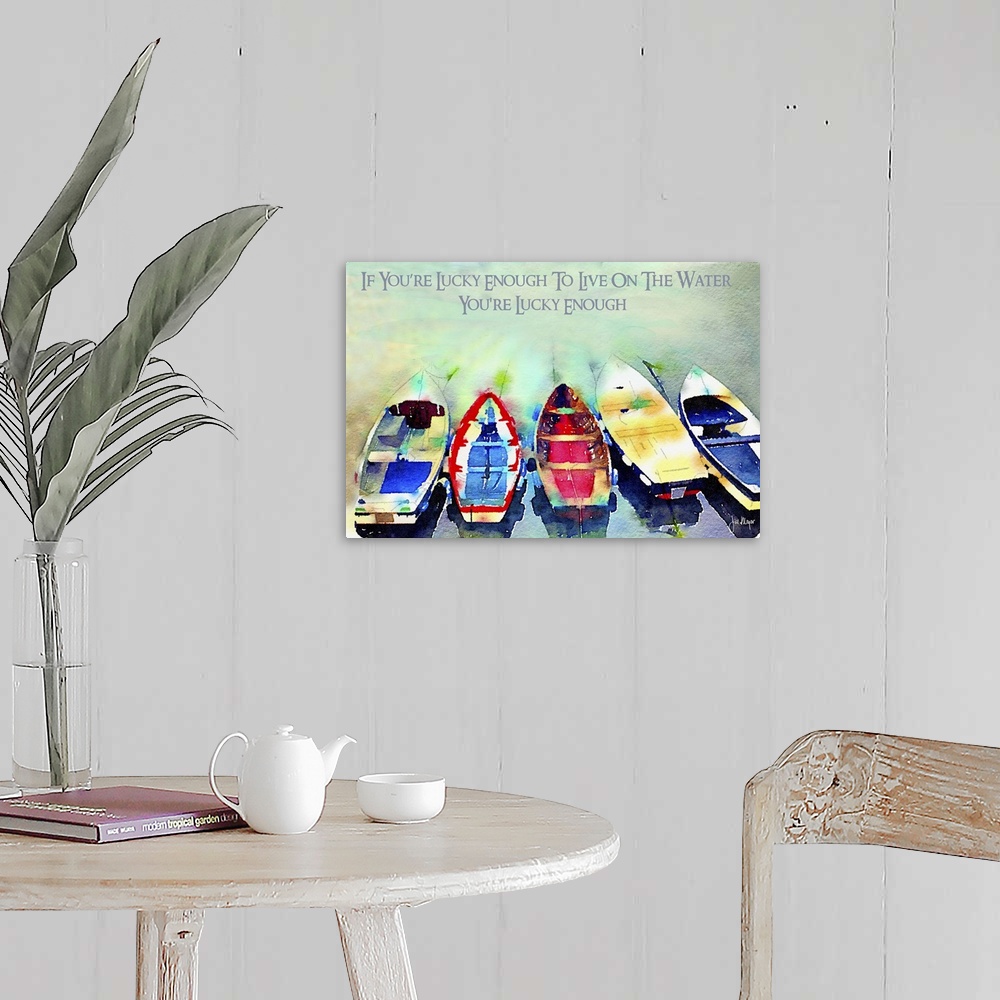 A farmhouse room featuring Row of colorful boats on the water with a sentiment of gratitude.