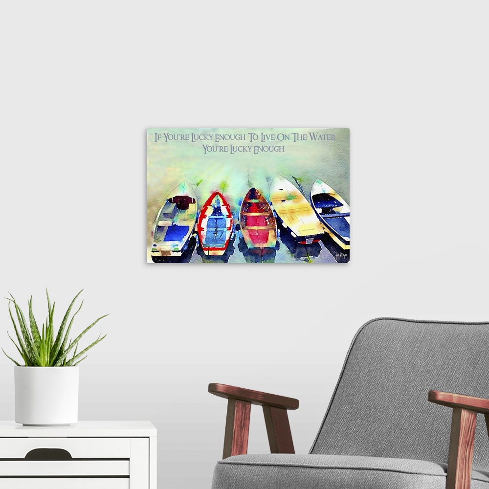 A modern room featuring Row of colorful boats on the water with a sentiment of gratitude.