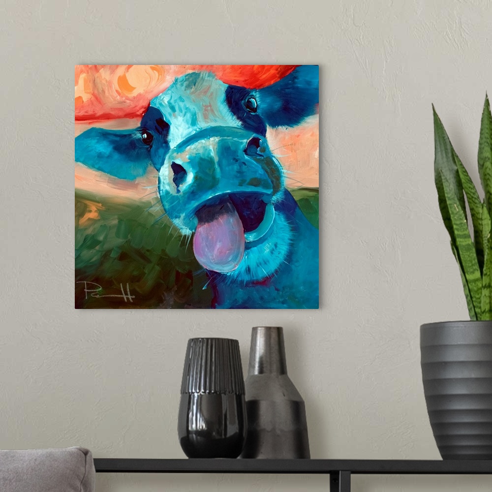 A modern room featuring Portrait of a blue cow sticking out its tongue.