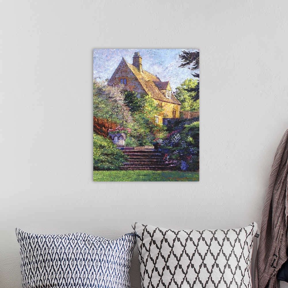 A bohemian room featuring Painting of a cottage with an extensive garden in the late afternoon sunlight.