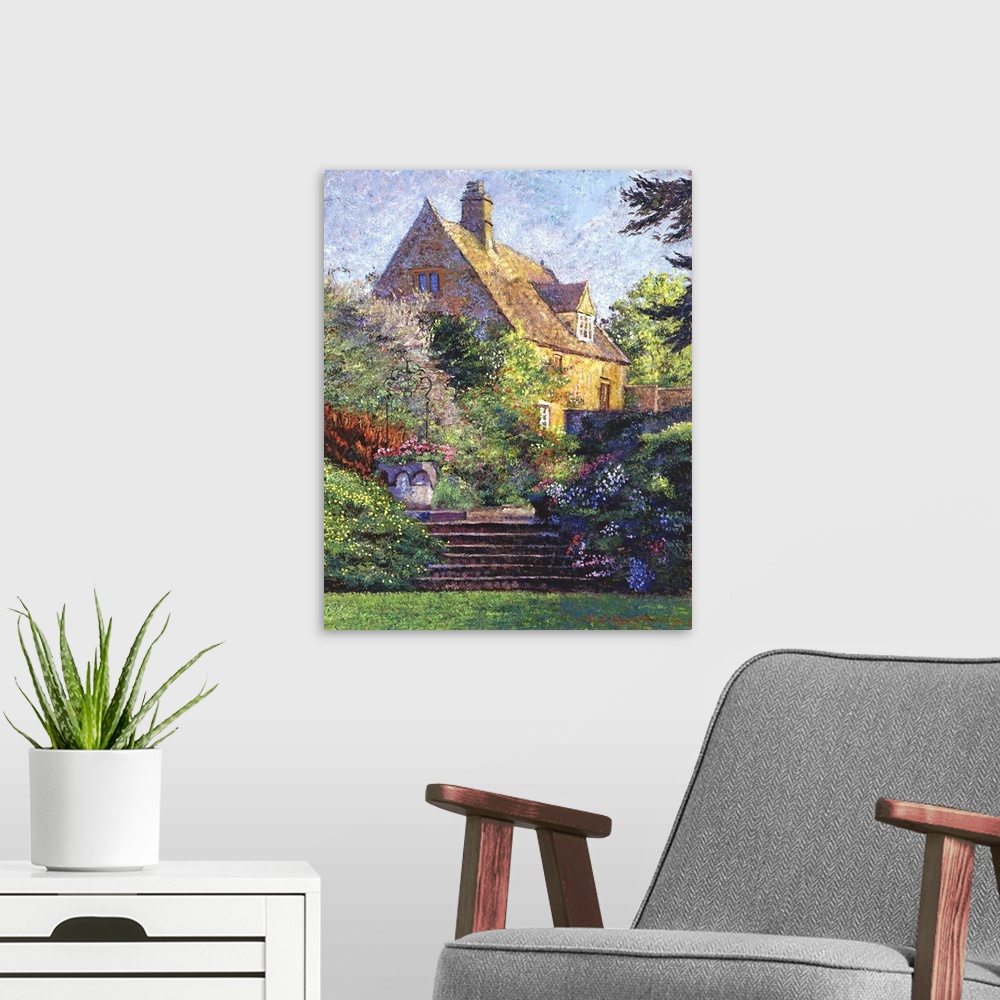 A modern room featuring Painting of a cottage with an extensive garden in the late afternoon sunlight.