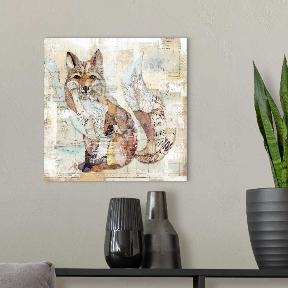 A modern room featuring A mixed media painting of a fox with hints of printed text and a faded map background.