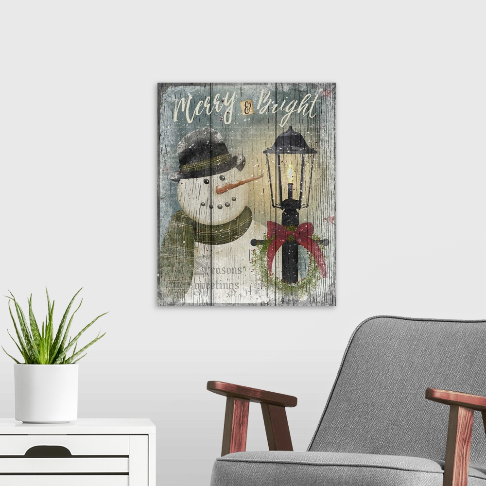 A modern room featuring Merry and Bright Snowman