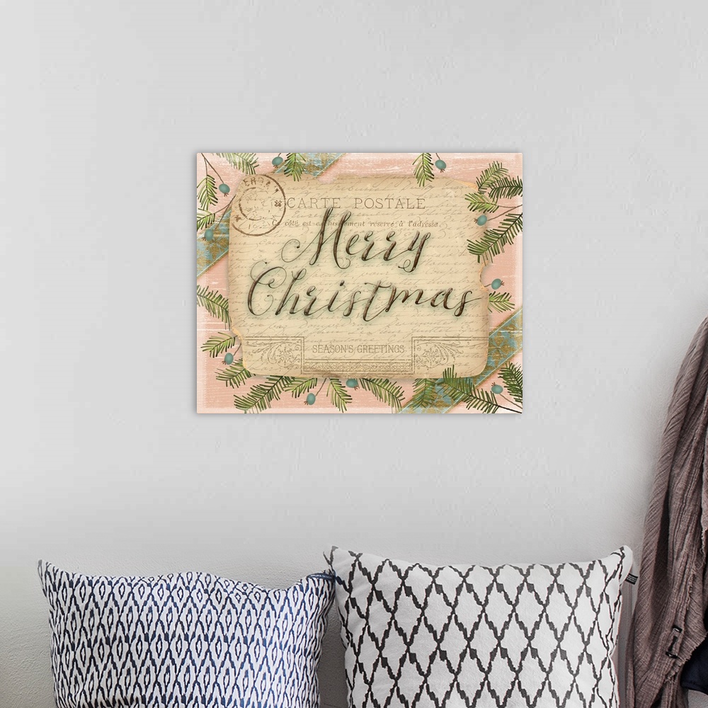 A bohemian room featuring Merry Christmas Postcard