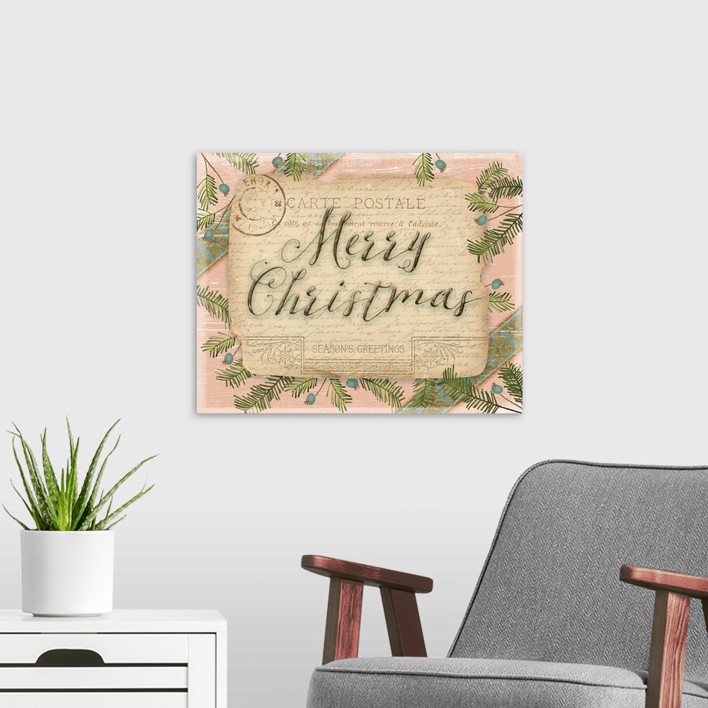 A modern room featuring Merry Christmas Postcard