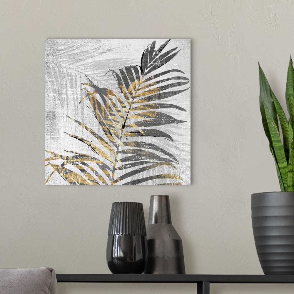 A modern room featuring A square artistic image of a gold and gray fern leaves with a fade leaf in the background with wh...