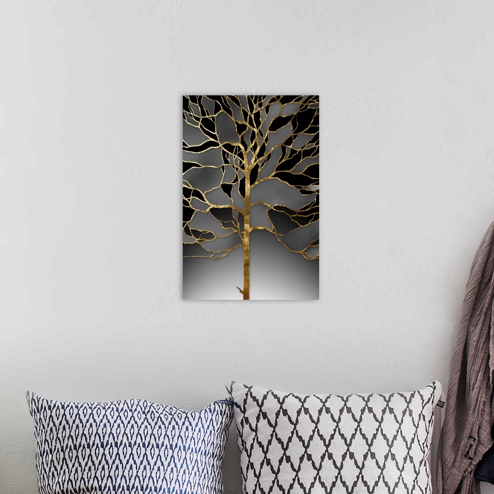 A bohemian room featuring A modern design of a tree of metallic gold with shades of gray and black between the branches.