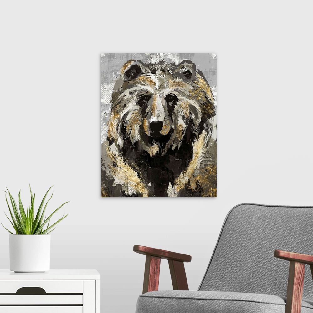A modern room featuring A decorative image of a bear with gold accents on a gray backdrop with faded newspaper peeping th...