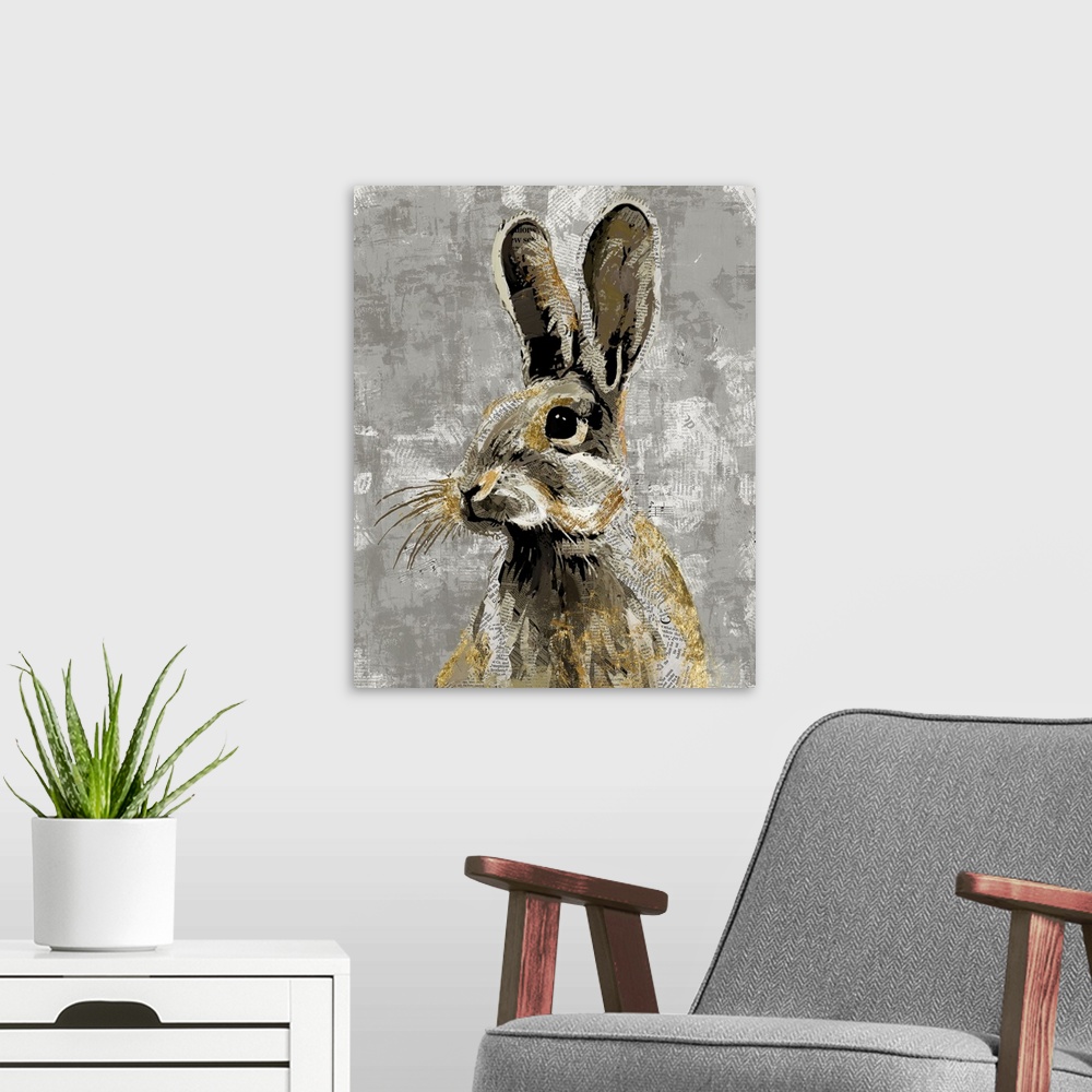 A modern room featuring A decorative image of a rabbit with gold accents on a gray backdrop with faded newspaper peeping ...