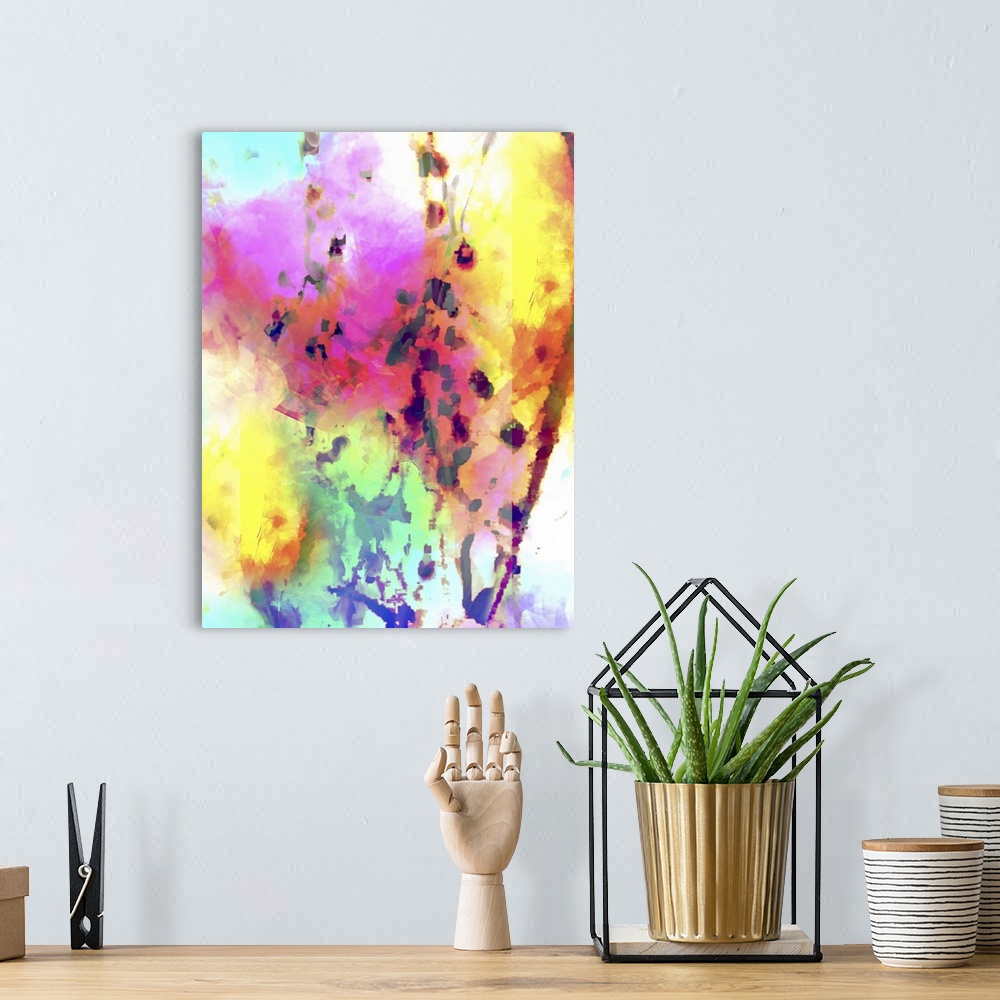 A bohemian room featuring Neon rainbow abstract artwork.