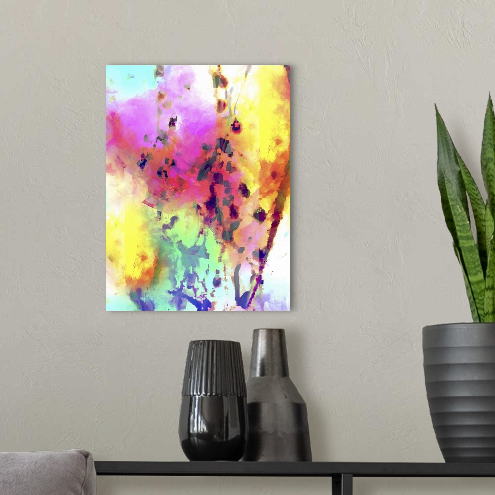 A modern room featuring Neon rainbow abstract artwork.