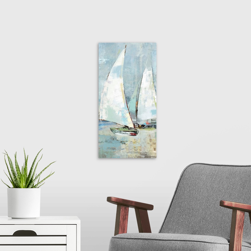 A modern room featuring A long vertical painting of sailboats with patches of multiple colors in muted tones.