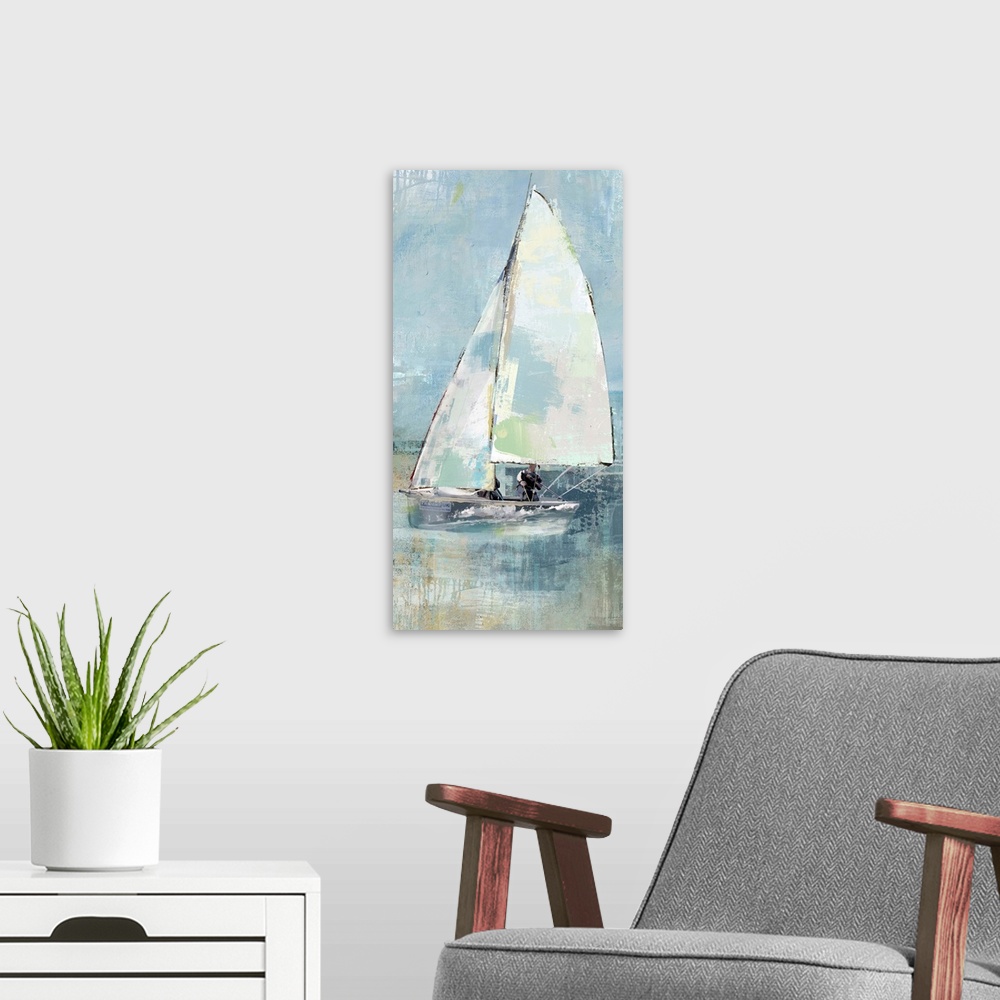 A modern room featuring A long vertical painting of sailboats with patches of multiple colors in muted tones.