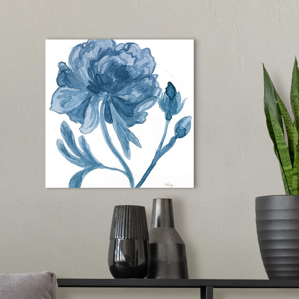 A modern room featuring A blooming flower and two small buds in blue tones.
