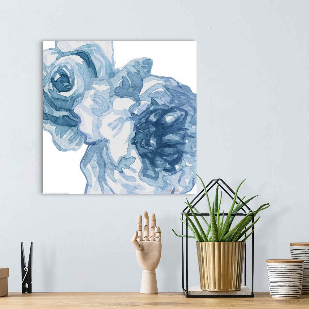 A bohemian room featuring Watercolor painting of two flowers in shades of blue.
