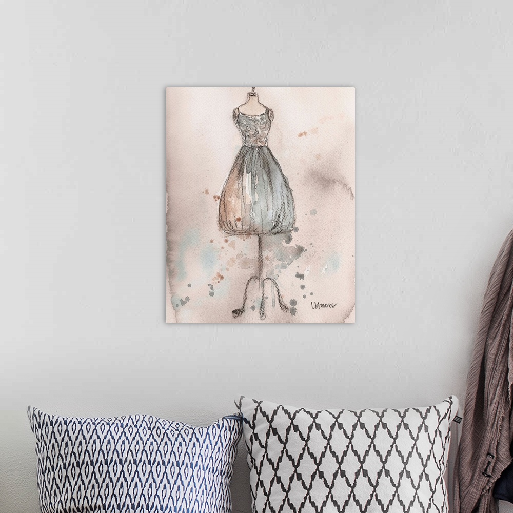 A bohemian room featuring Watercolor painting of a tan and grey dress on a dress form.