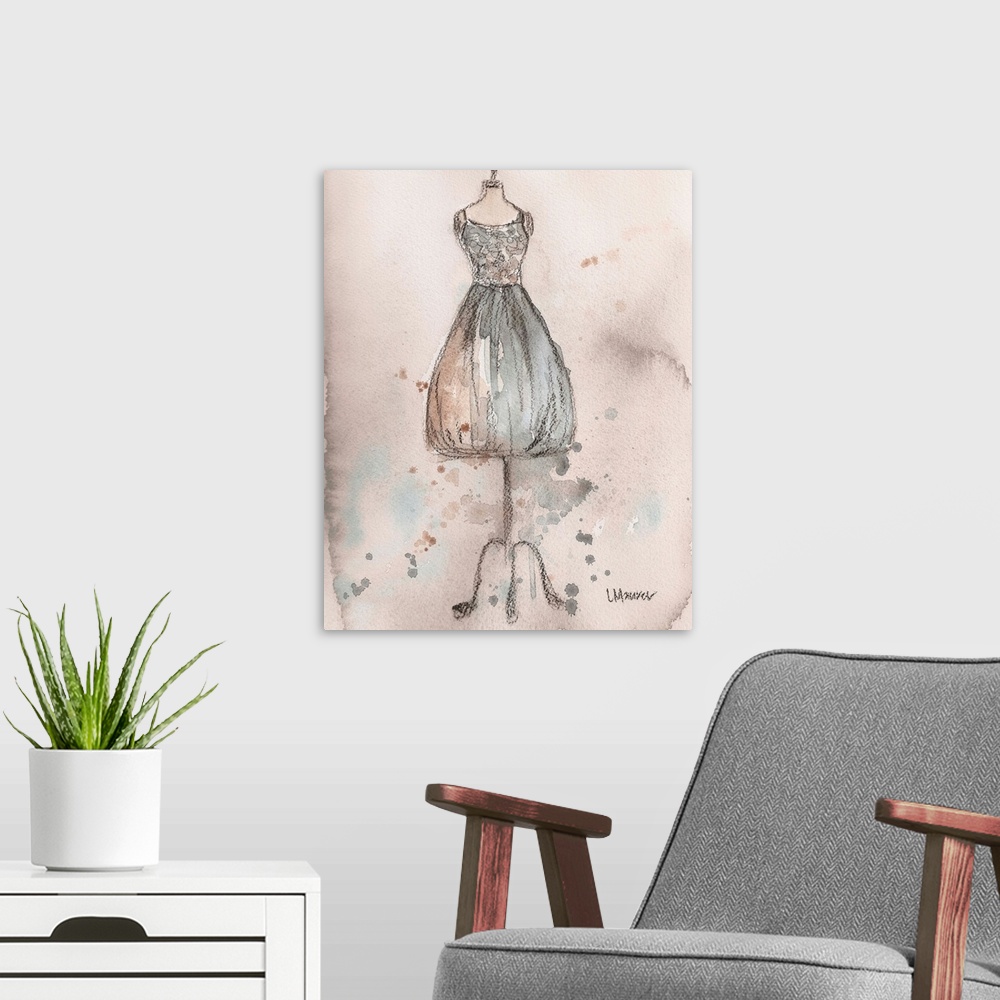 A modern room featuring Watercolor painting of a tan and grey dress on a dress form.