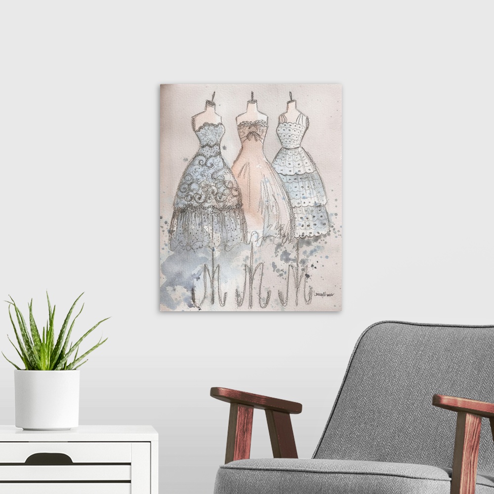 A modern room featuring Watercolor painting of three elegant gowns with lots of lace and details.