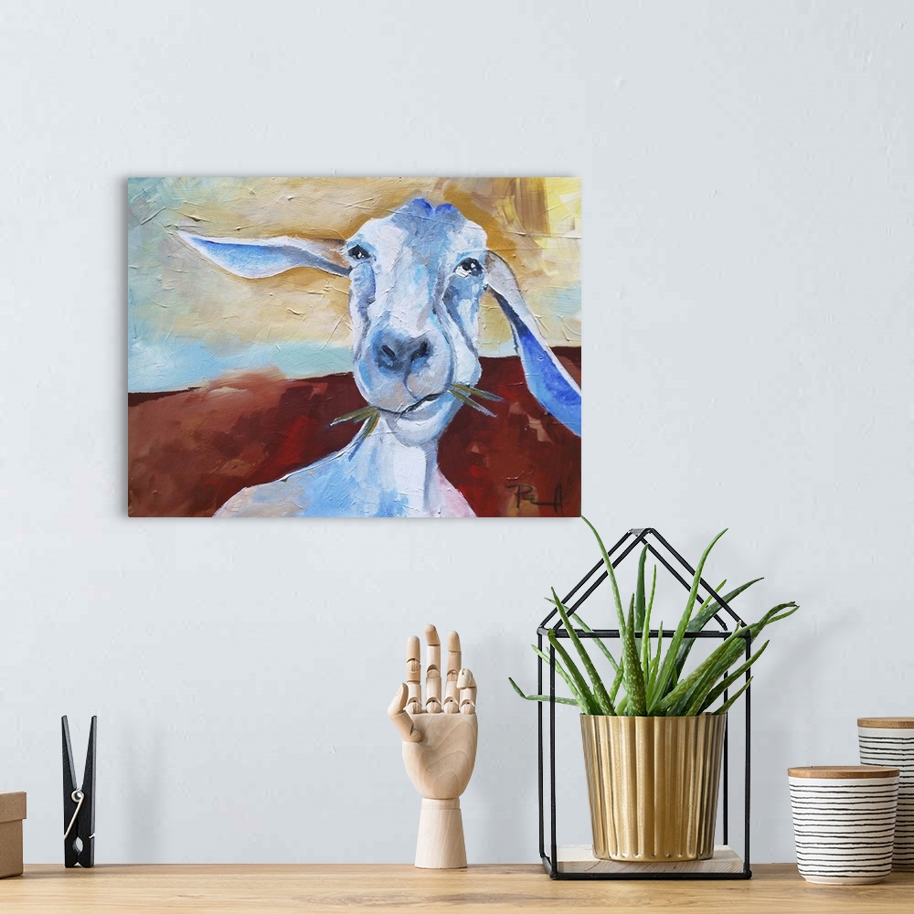 A bohemian room featuring Painting of a goat chewing on some grass.