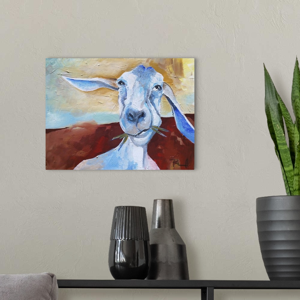 A modern room featuring Painting of a goat chewing on some grass.