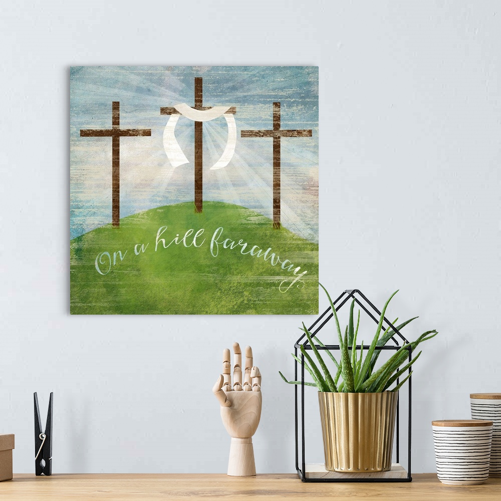 A bohemian room featuring Easter-themed illustration of three crosses on a hill.