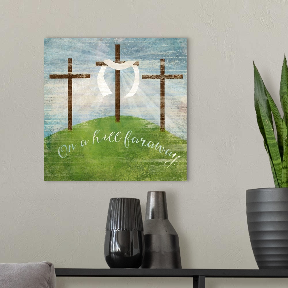 A modern room featuring Easter-themed illustration of three crosses on a hill.