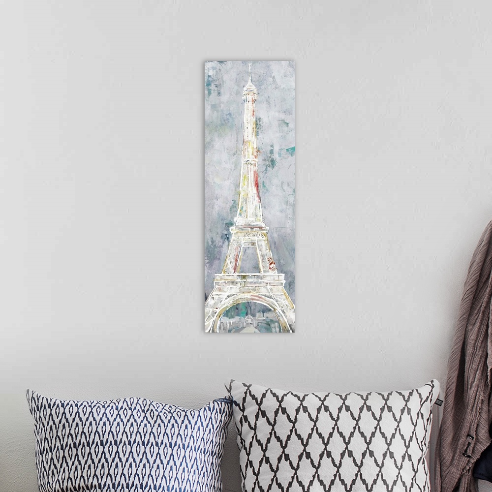 A bohemian room featuring A long vertical painting of the Eiffel Tower in Paris, done in textured muted tones.