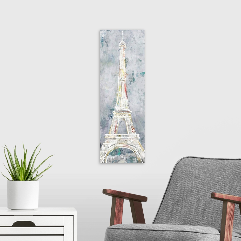 A modern room featuring A long vertical painting of the Eiffel Tower in Paris, done in textured muted tones.