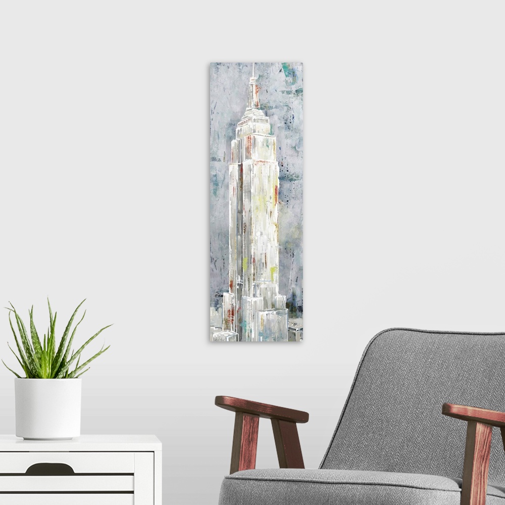 A modern room featuring A long vertical painting of the Empire State building in New York, done in textured muted tones.