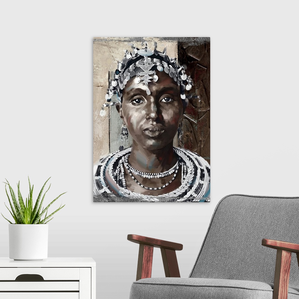 A modern room featuring Portrait of a woman wearing elaborate beaded necklace and headdress.