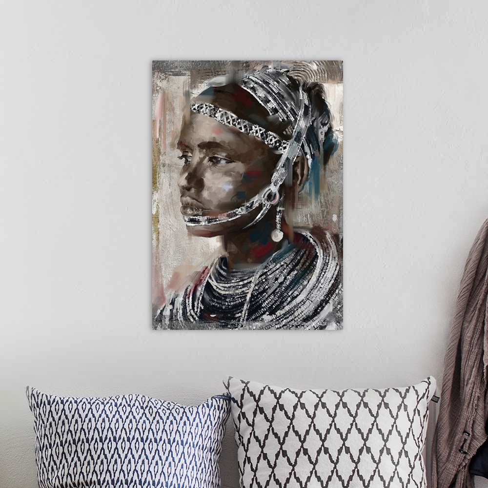 A bohemian room featuring Portrait of a woman wearing elaborate beaded necklace and headdress.