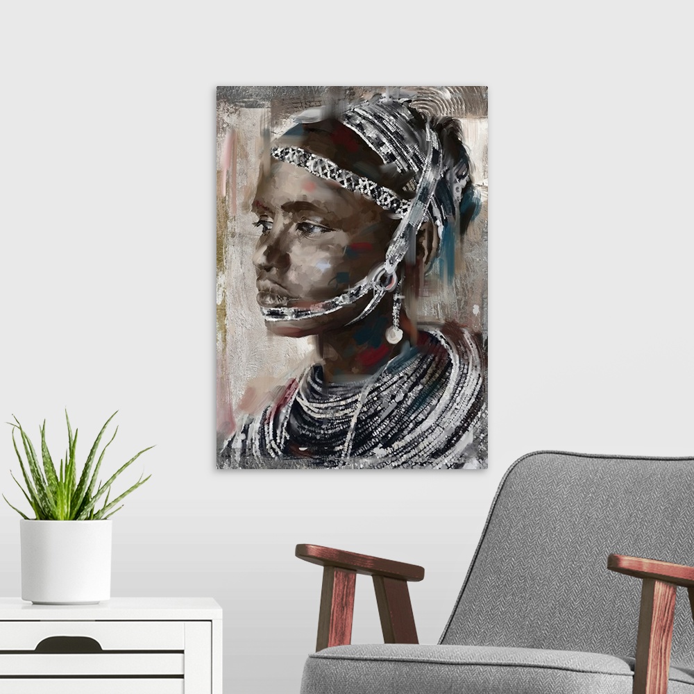 A modern room featuring Portrait of a woman wearing elaborate beaded necklace and headdress.