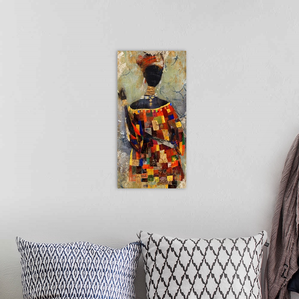 A bohemian room featuring A vertical contemporary painting of a a woman with a bright, colorful patched dress with a textur...