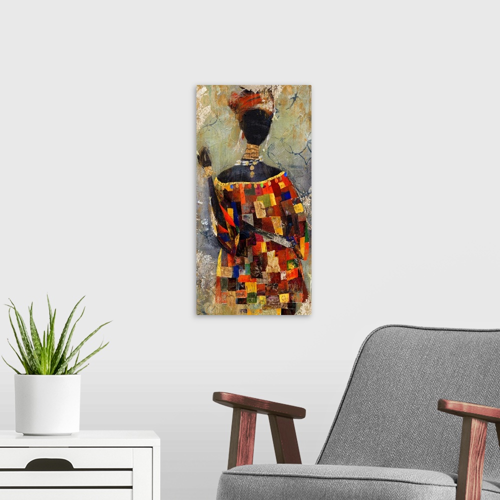 A modern room featuring A vertical contemporary painting of a a woman with a bright, colorful patched dress with a textur...