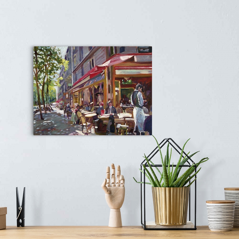 A bohemian room featuring Painting of an outdoor cafe in Paris in the morning sunlight.