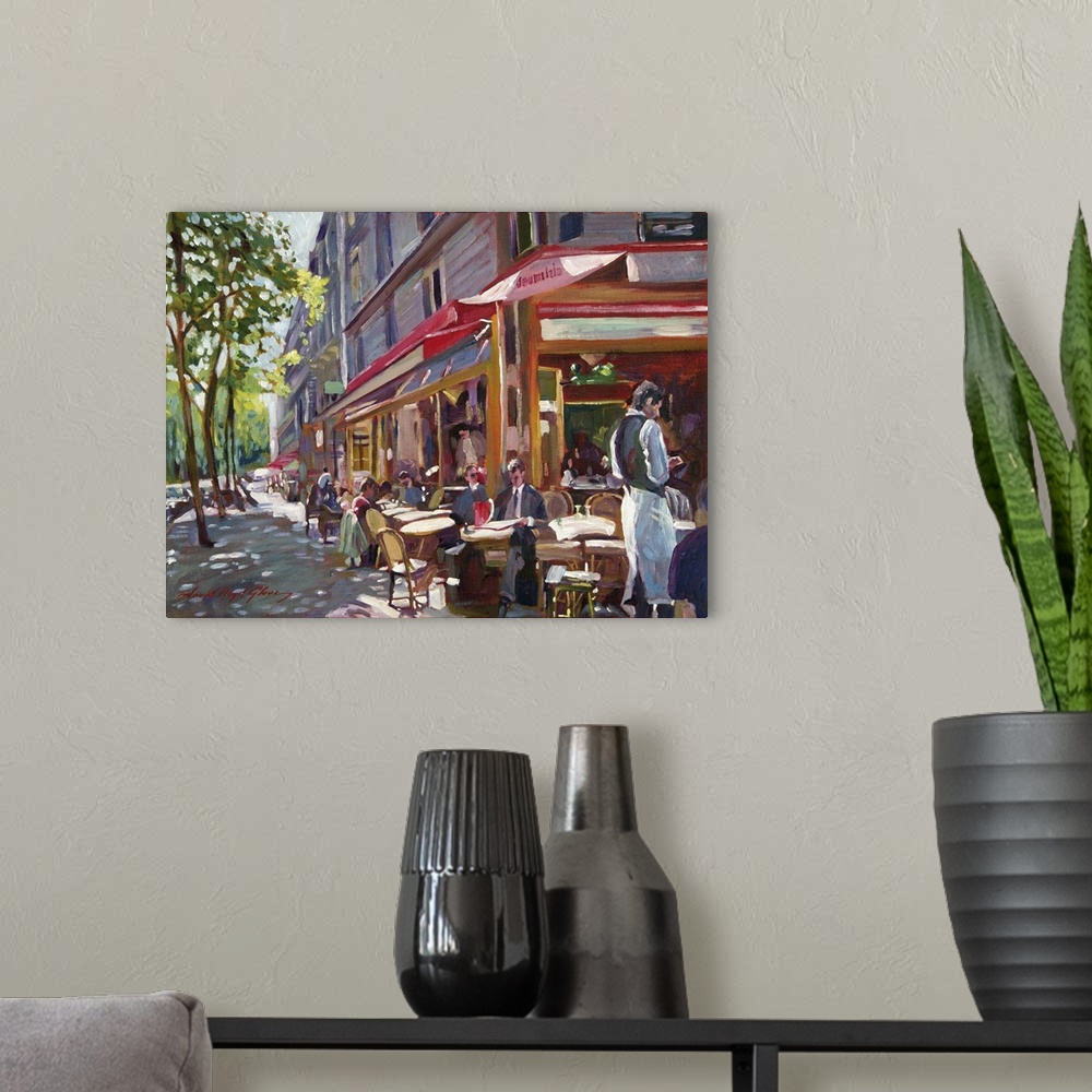 A modern room featuring Painting of an outdoor cafe in Paris in the morning sunlight.