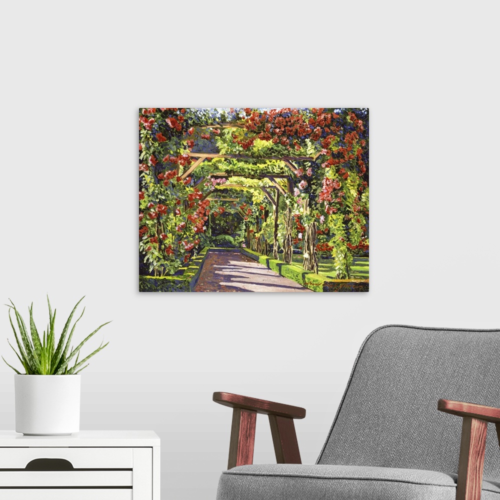 A modern room featuring Painting of a pathway covered by trellises with blooming roses.