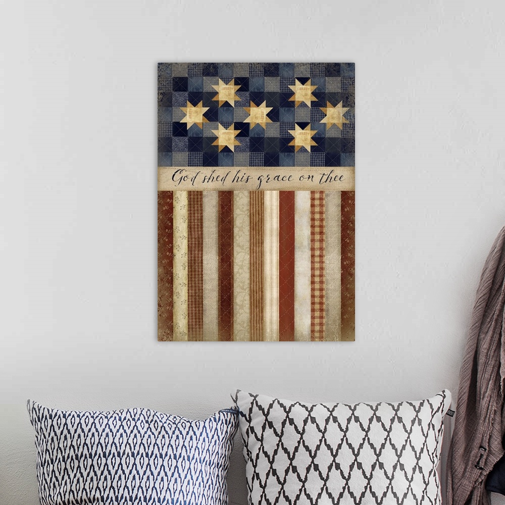 A bohemian room featuring American flag painting made to resemble a traditional quilt.