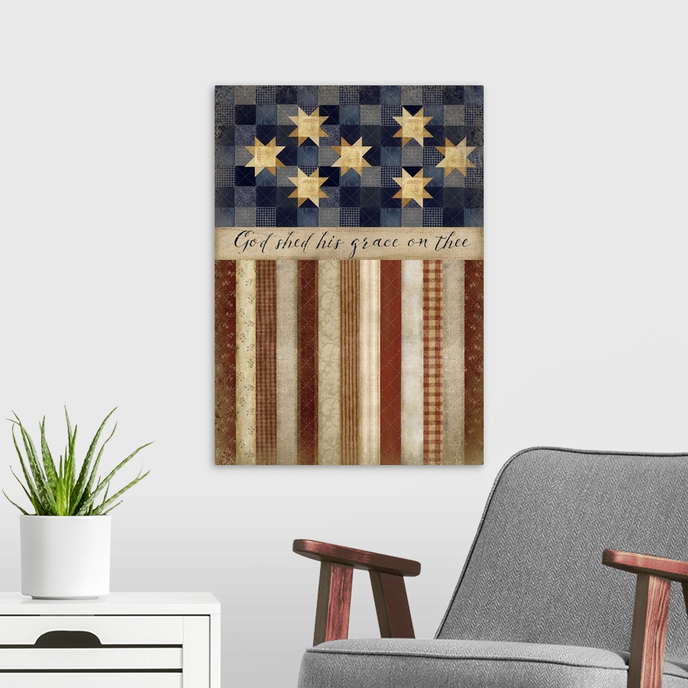 A modern room featuring American flag painting made to resemble a traditional quilt.