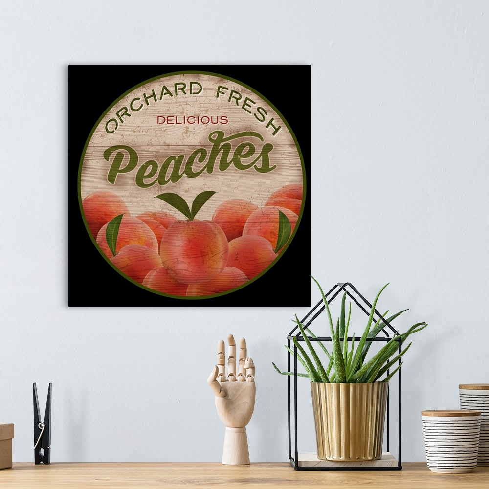A bohemian room featuring Round wooden sign for fresh peaches.