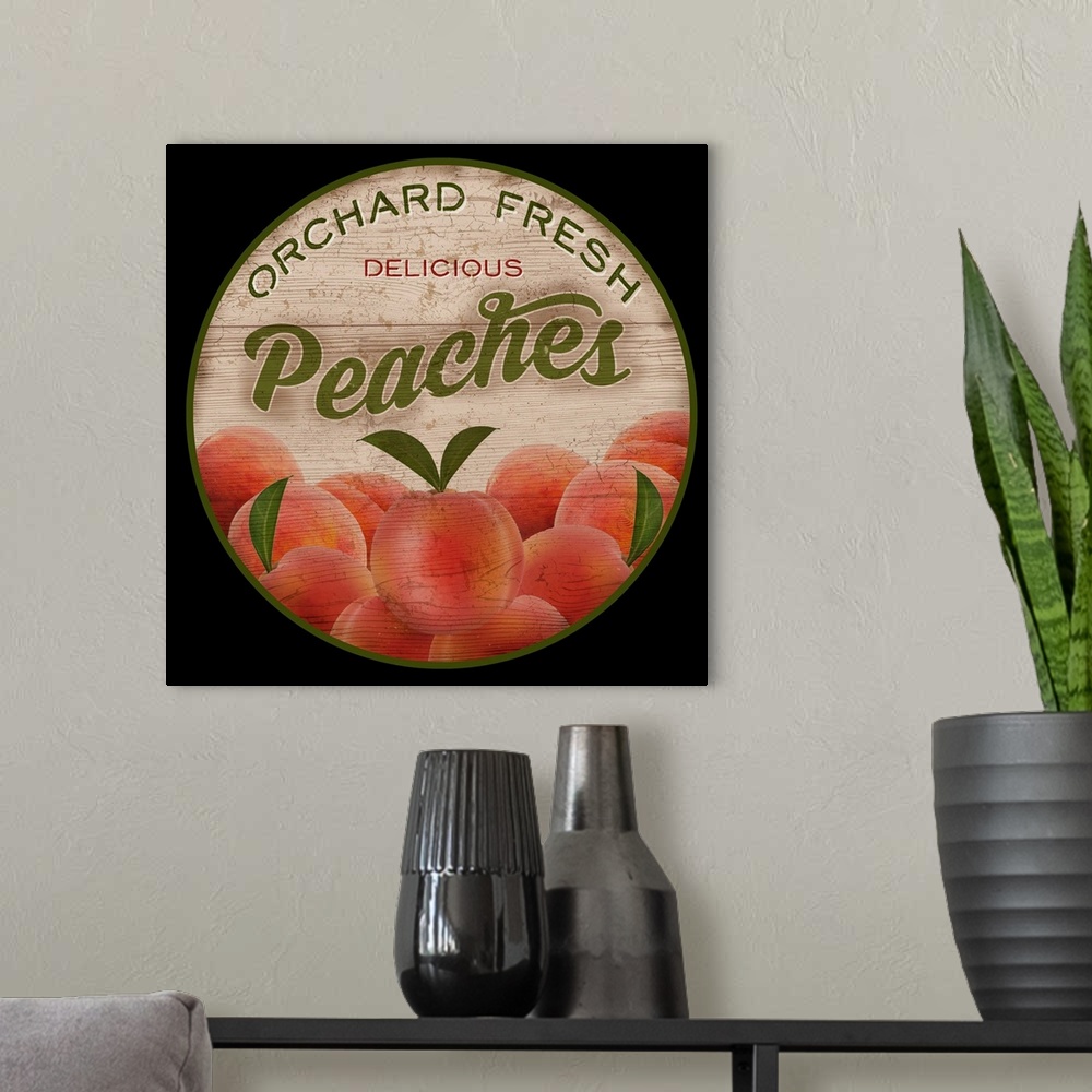 A modern room featuring Round wooden sign for fresh peaches.