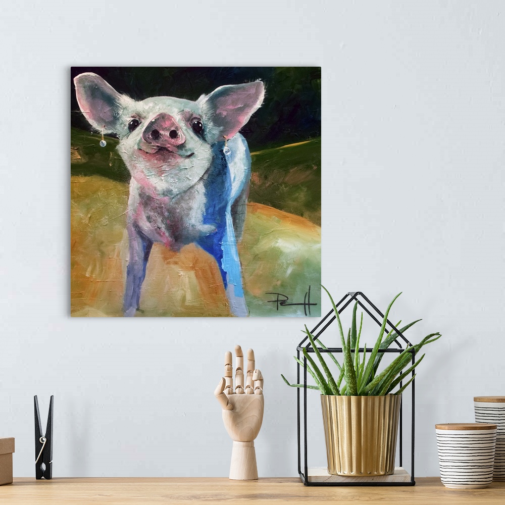 A bohemian room featuring Cute painting of a piglet wearing pearl earrings.