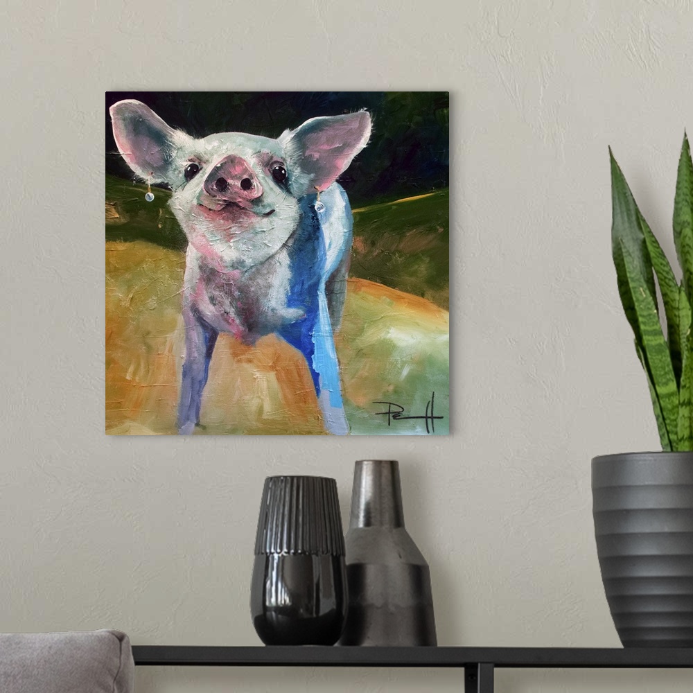 A modern room featuring Cute painting of a piglet wearing pearl earrings.