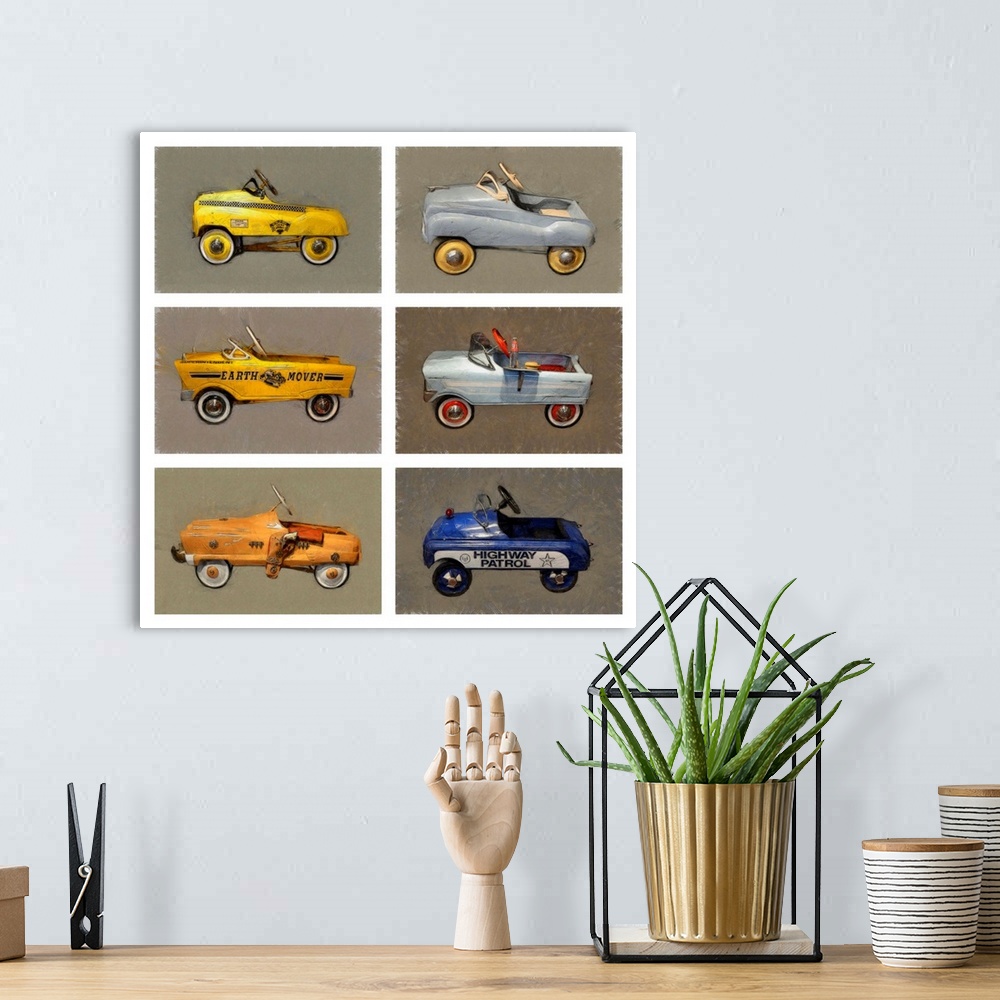 A bohemian room featuring Contemporary artwork of a group of retro children's pedal cars.
