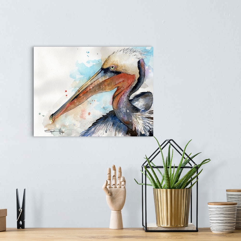 A bohemian room featuring Watercolor portrait of a brown pelican.