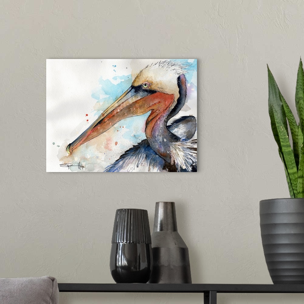A modern room featuring Watercolor portrait of a brown pelican.